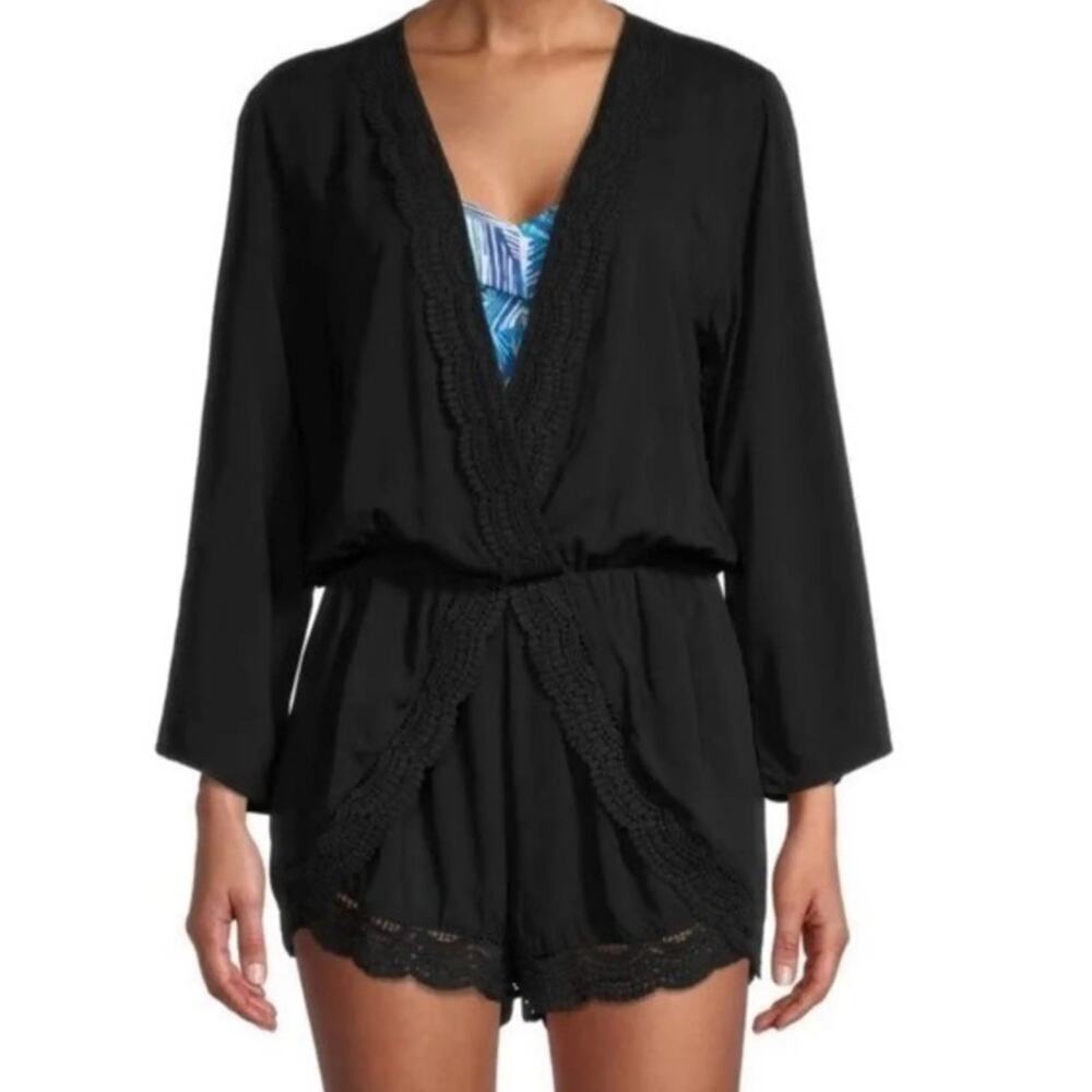 La Blanca‎ La Costa Lace Swim Coverup V Neck Romper, Black M